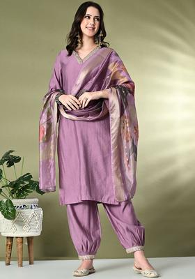 Lavender Solid Silk Kurta Set