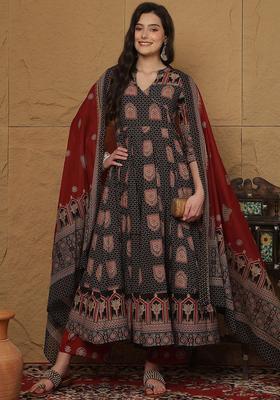 Black Printed Cotton Anarkali Set