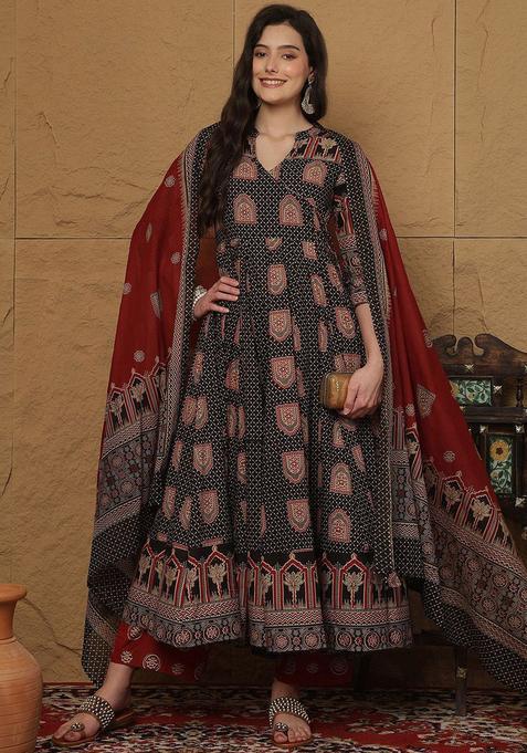 Black Printed Cotton Anarkali Set — view on Indya