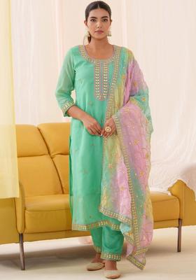 Green Embroidered Organza Kurta Set