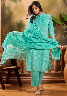Sea Green Printed Cotton Kurta Set