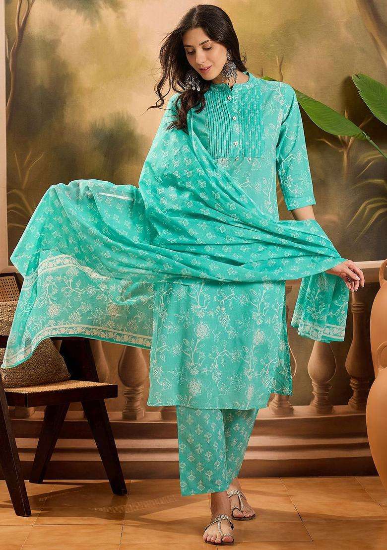 Sea Green Printed Cotton Kurta Set - Indya