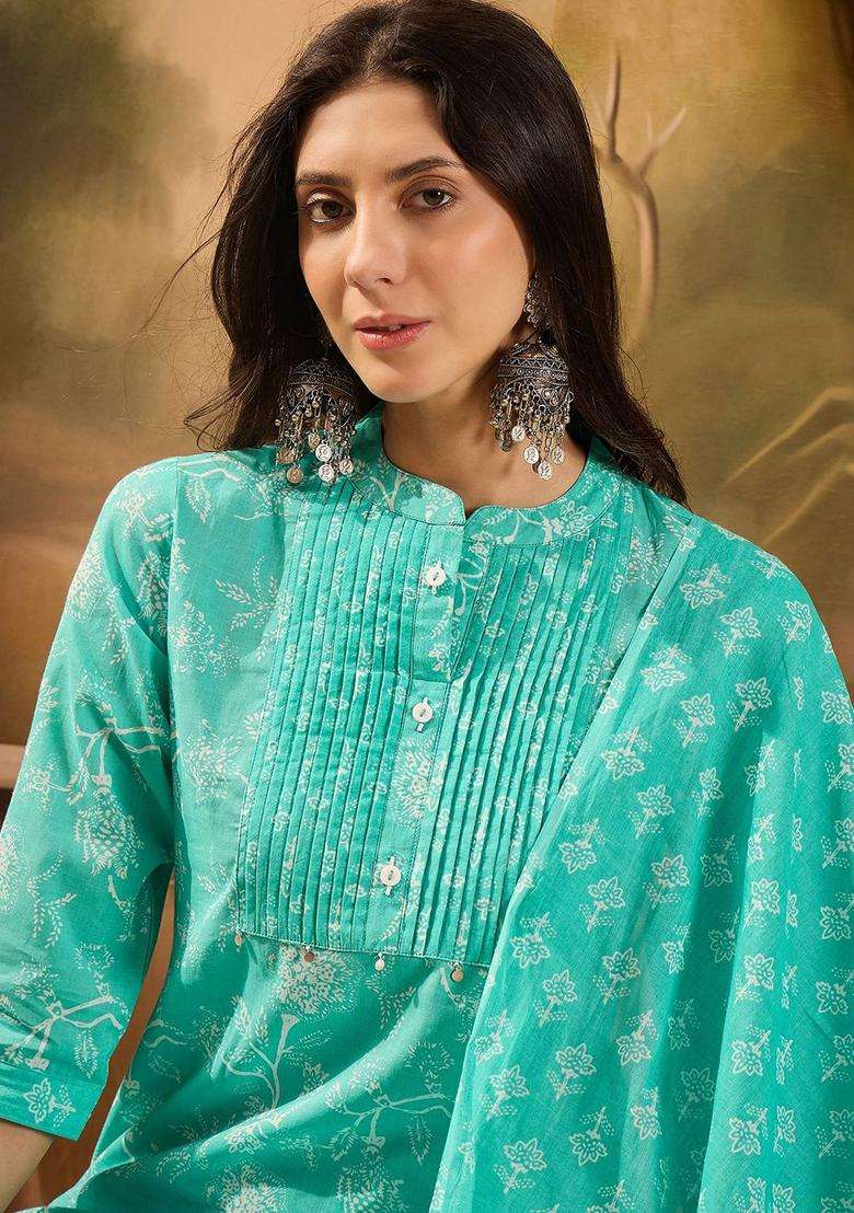 Sea Green Printed Cotton Kurta Set - Indya