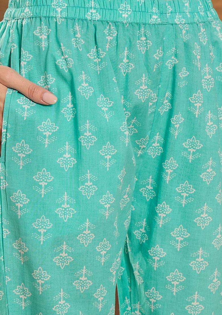 Sea Green Printed Cotton Kurta Set - Indya