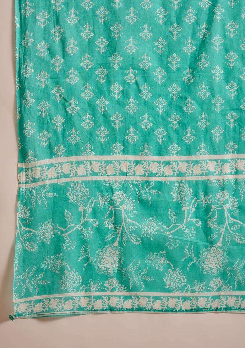 Sea Green Printed Cotton Kurta Set - Indya