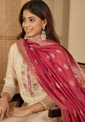 Cream Printed Silk Kurta Set