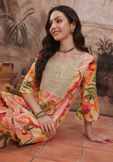 Beige Printed Polyester Kurta Set — view on Indya
