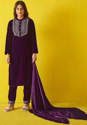 Violet Embroidered Velvet Kurta Set