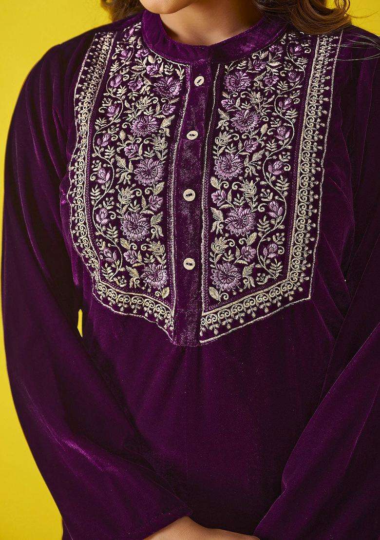 Violet Embroidered Velvet Kurta Set - Indya