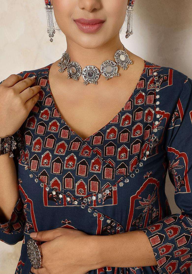 Navy Blue Printed Cotton Kurta Set - Indya