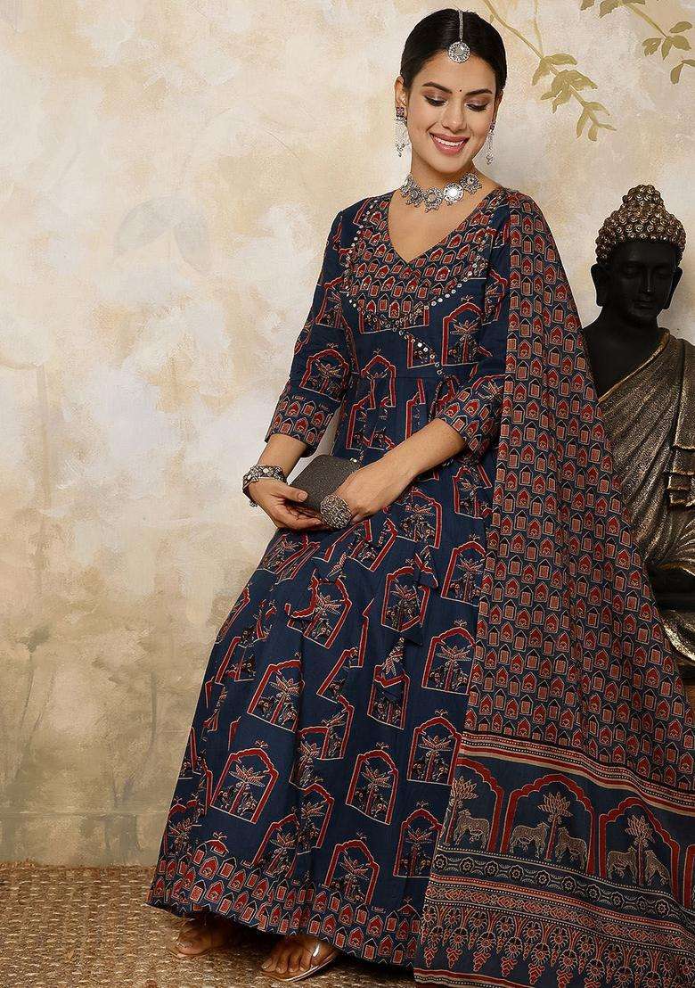 Navy Blue Printed Cotton Kurta Set - Indya