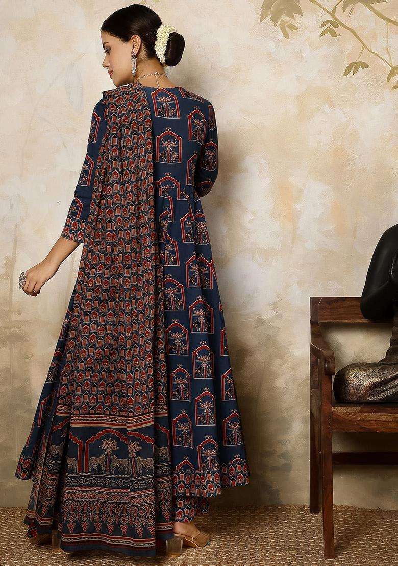 Navy Blue Printed Cotton Kurta Set - Indya