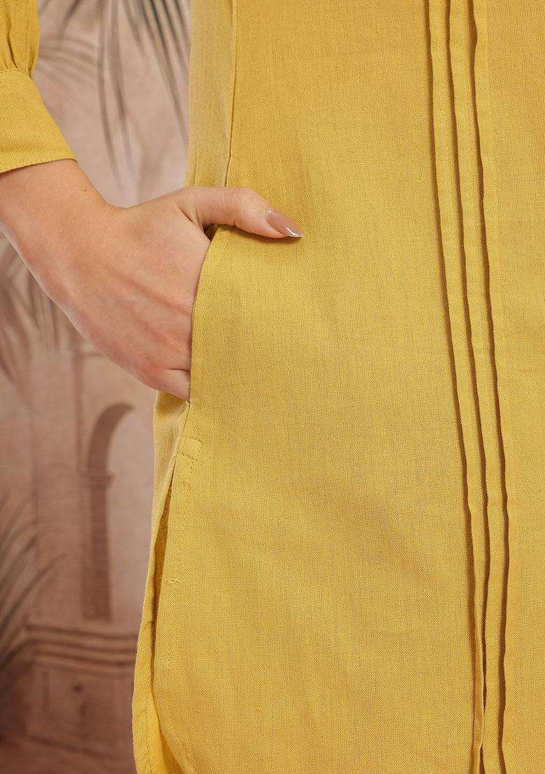 Yellow Solid Cotton Kurta Set - Indya