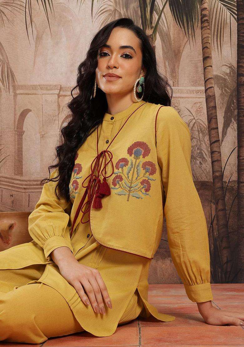 Yellow Solid Cotton Kurta Set - Indya
