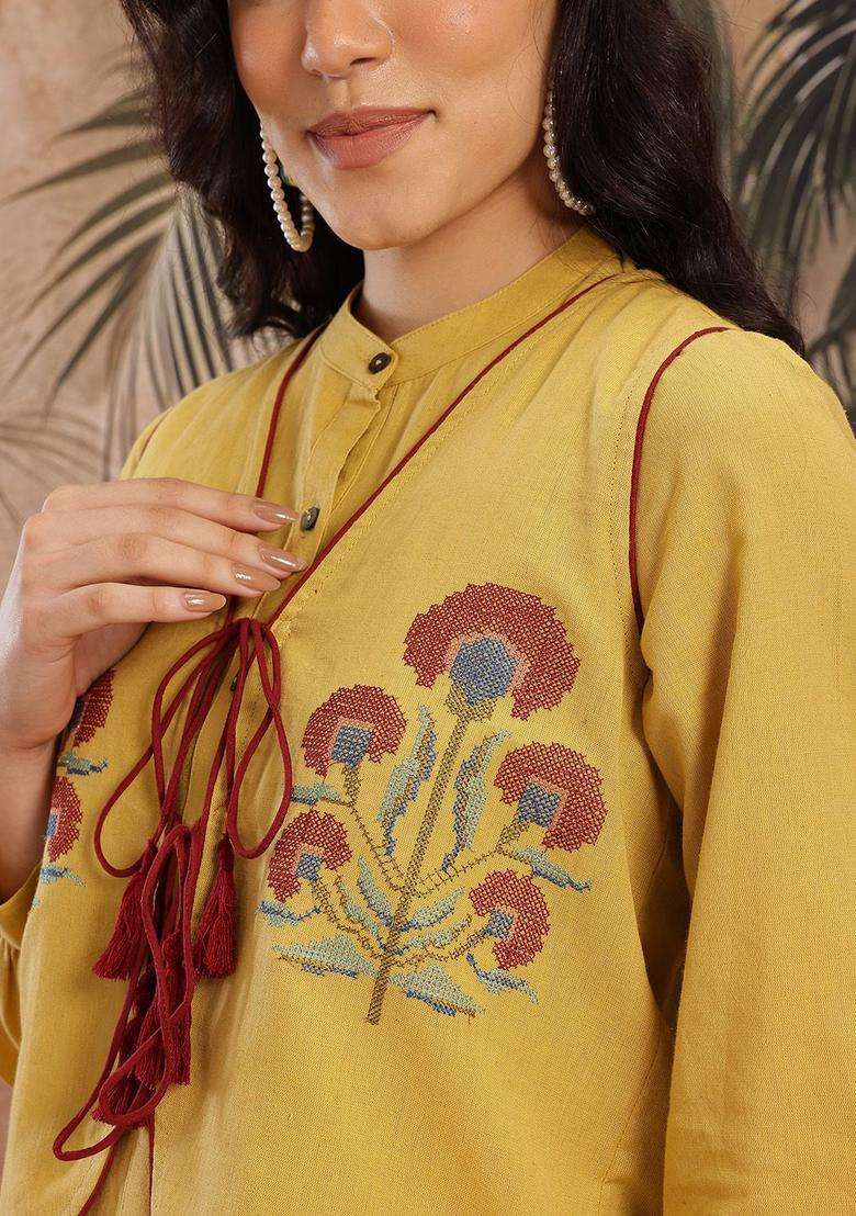 Yellow Solid Cotton Kurta Set - Indya