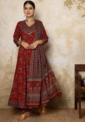 Maroon Printed Cotton Anarkali Set