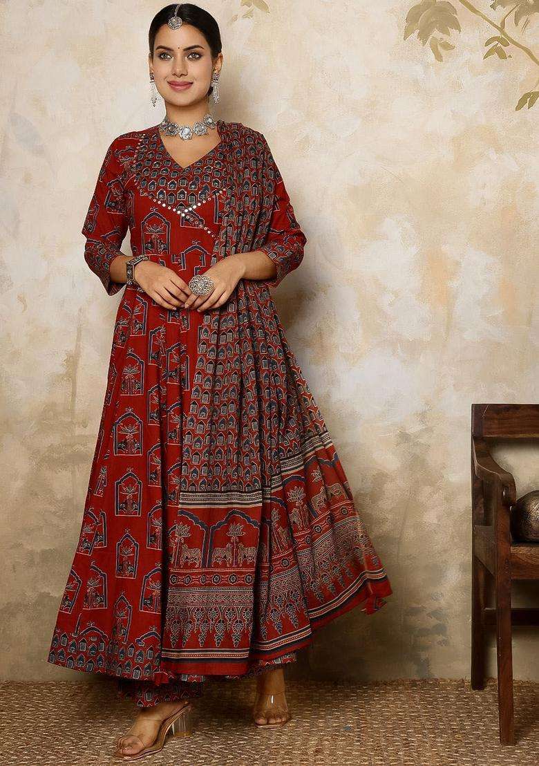 Maroon Printed Cotton Anarkali Set - Indya