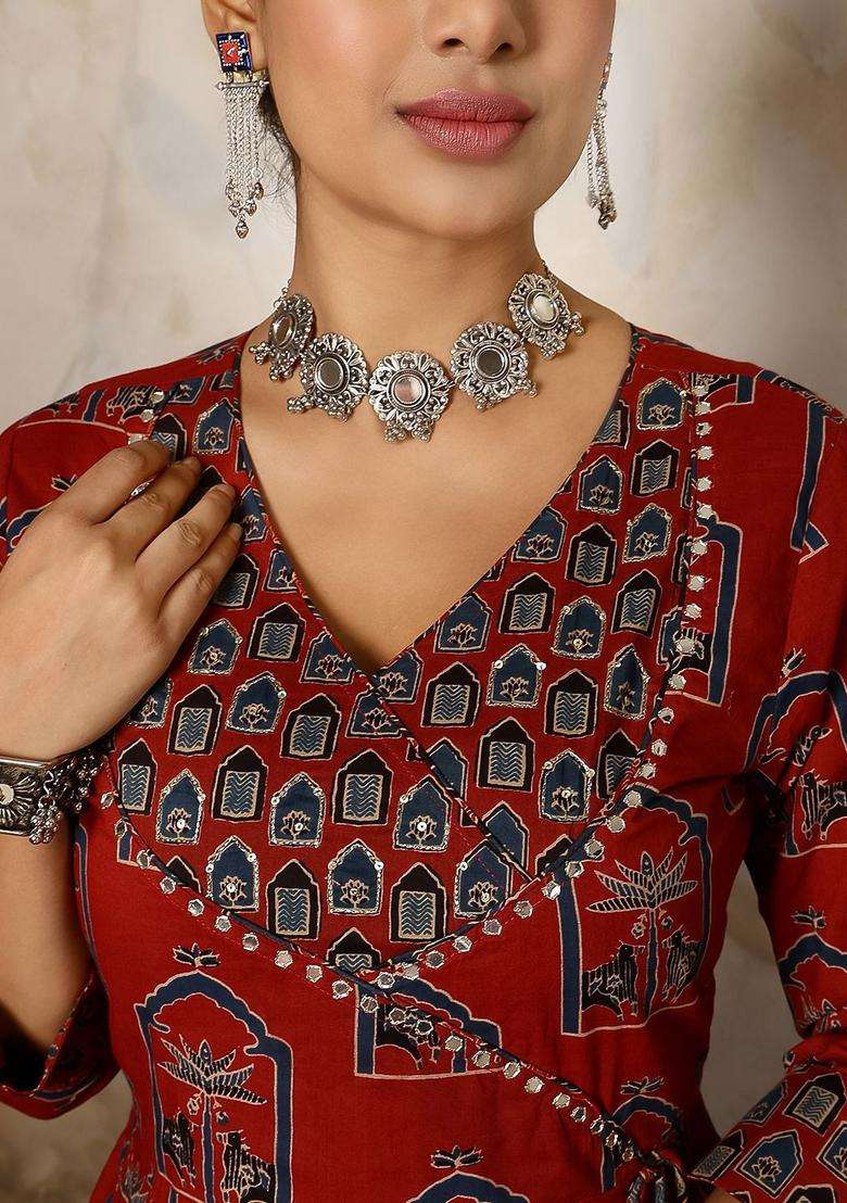 Maroon Printed Cotton Anarkali Set - Indya