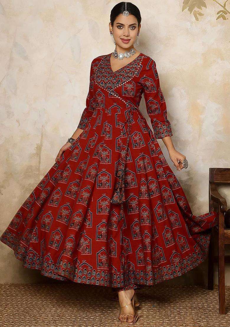 Maroon Printed Cotton Anarkali Set - Indya