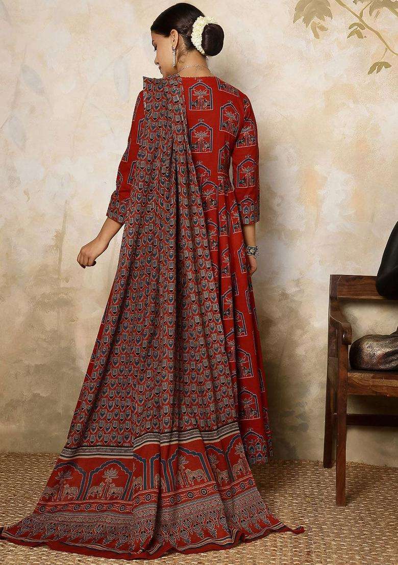Maroon Printed Cotton Anarkali Set - Indya
