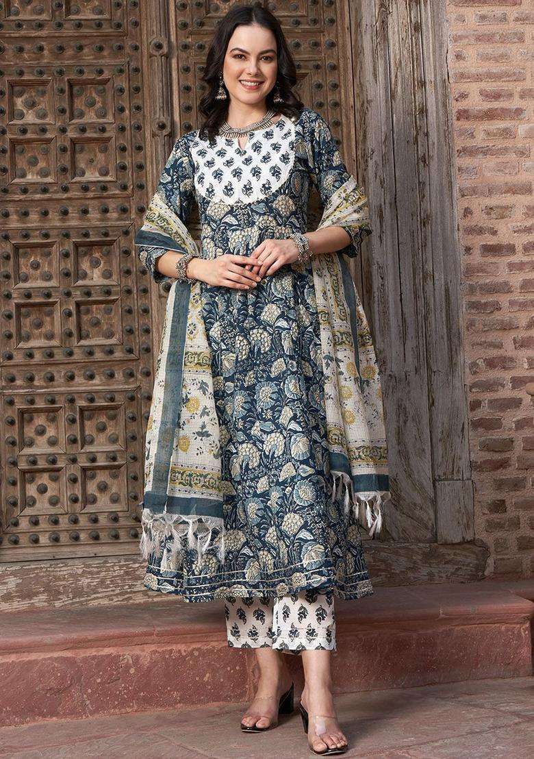 Navy Blue Printed Cotton Anarkali Set - Indya