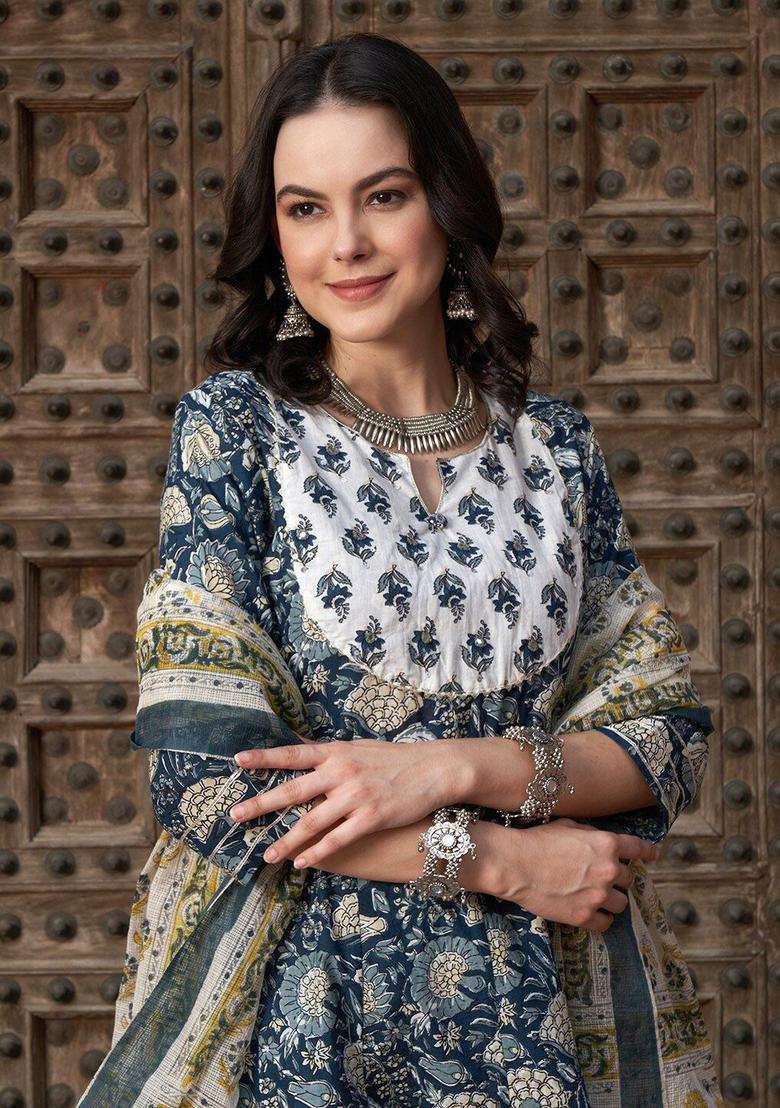 Navy Blue Printed Cotton Anarkali Set - Indya