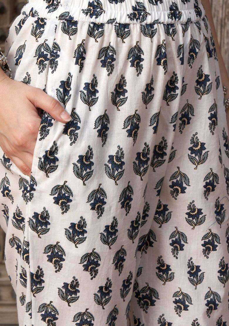 Navy Blue Printed Cotton Anarkali Set - Indya