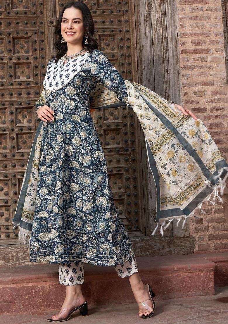 Navy Blue Printed Cotton Anarkali Set - Indya