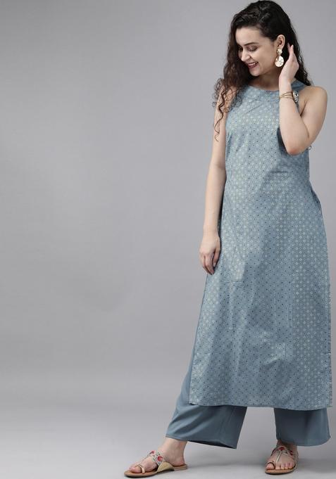 Blue Printed Polyester Kurta Set — view on Indya