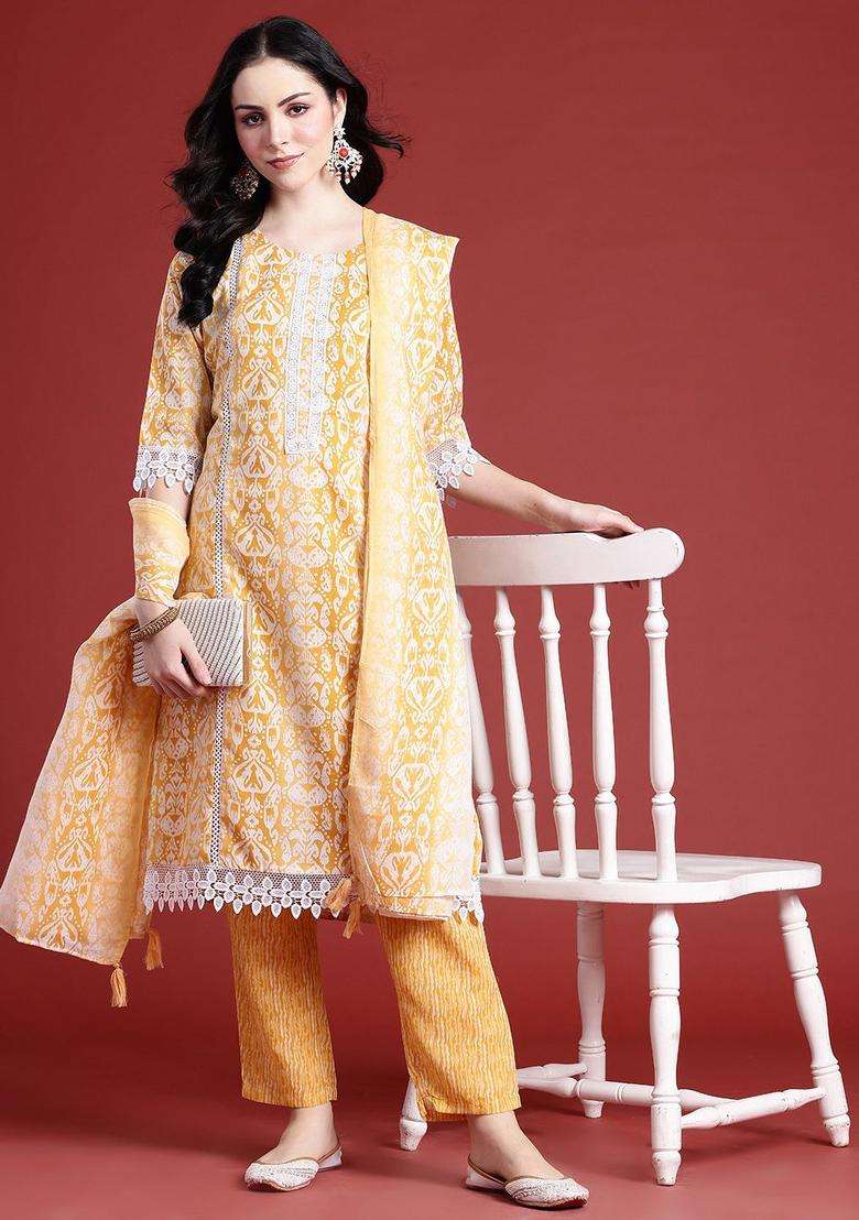 Yellow Printed Viscose Kurta Set - Indya
