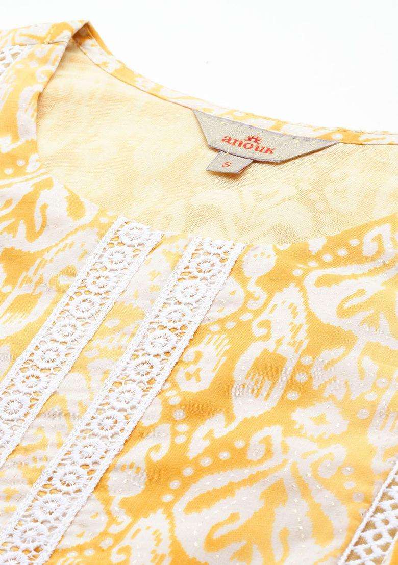 Yellow Printed Viscose Kurta Set - Indya