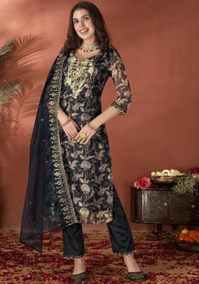 Black Embroidered Organza Kurta Set