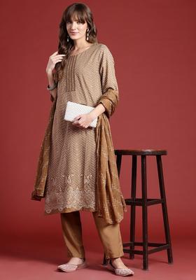Brown Printed Viscose Kurta Set