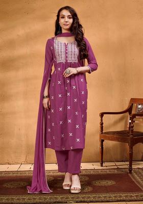Magenta Embroidered Cotton Kurta Set