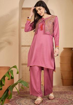 Lavender Woven Design Wool Blend Kurta Set