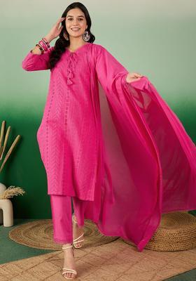 Pink Self Design Cotton Kurta Set