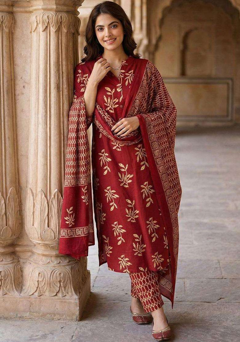 Red Printed Cotton Kurta Set - Indya