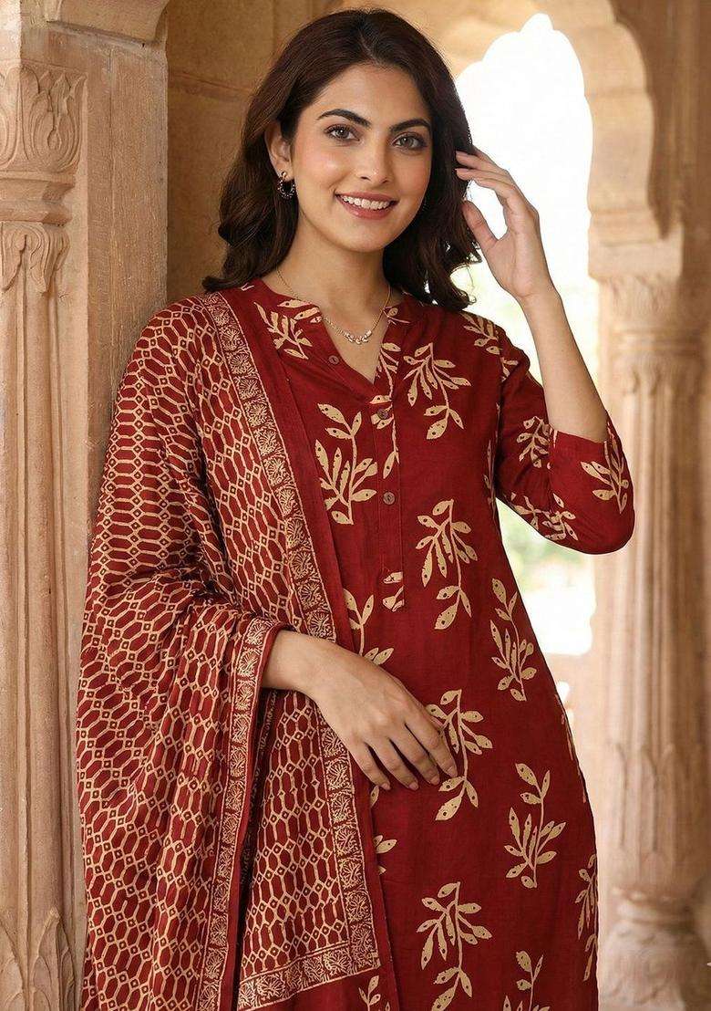 Red Printed Cotton Kurta Set - Indya