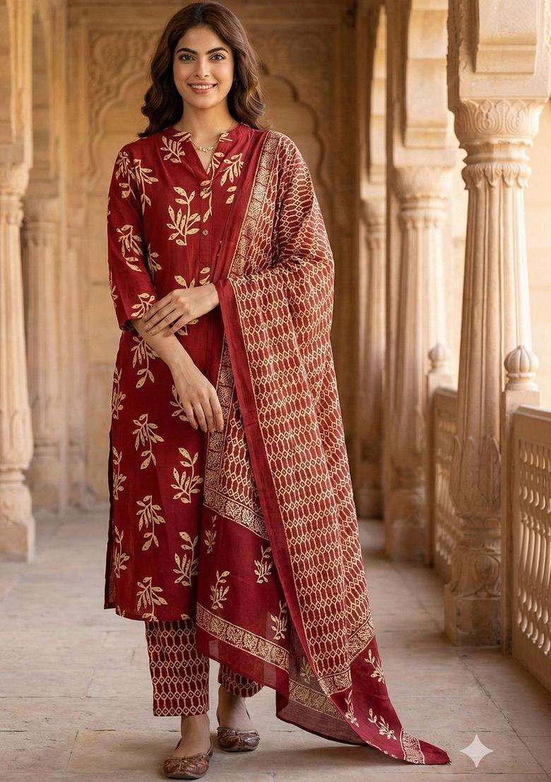 Red Printed Cotton Kurta Set - Indya