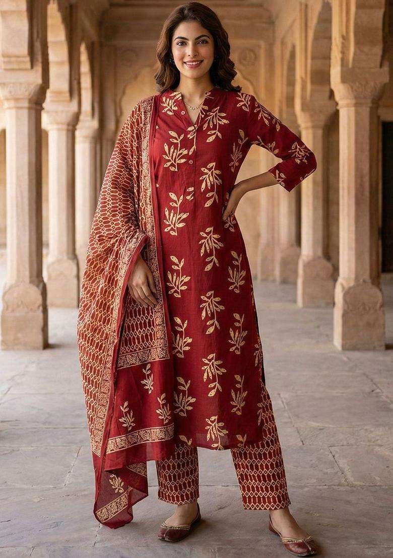 Red Printed Cotton Kurta Set - Indya