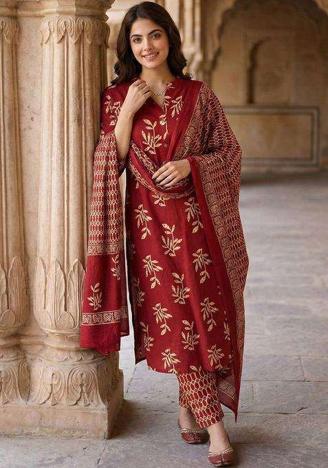 Red Printed Cotton Kurta Set