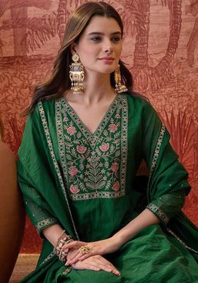 Green Embroidered Cotton Kurta Set