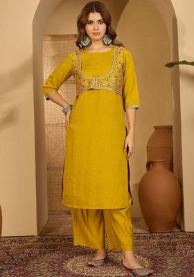 Mustard Embroidered Blended Kurta Set