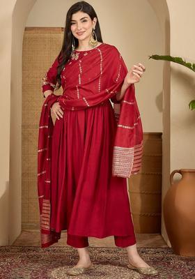 Red Embroidered Viscose Kurta Set