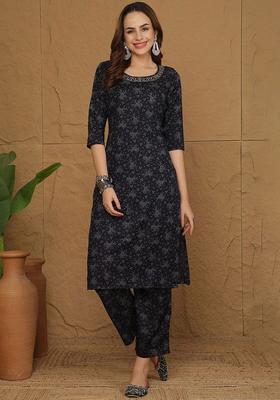 Navy Blue Embroidered Cotton Kurta Set