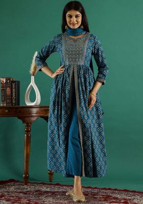 Blue Printed Cotton Anarkali Set