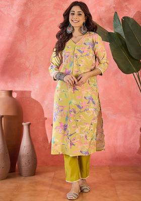 Lime Green Printed Cotton Kurta Set
