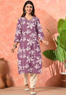 Mauve Printed Cotton Kurta Set