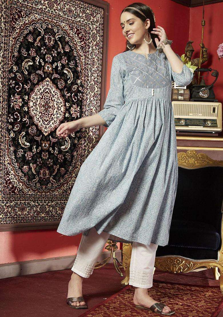 Blue Printed Cotton Anarkali Set - Indya