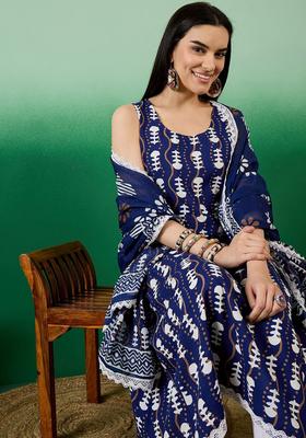 Blue Printed Viscose Anarkali Set